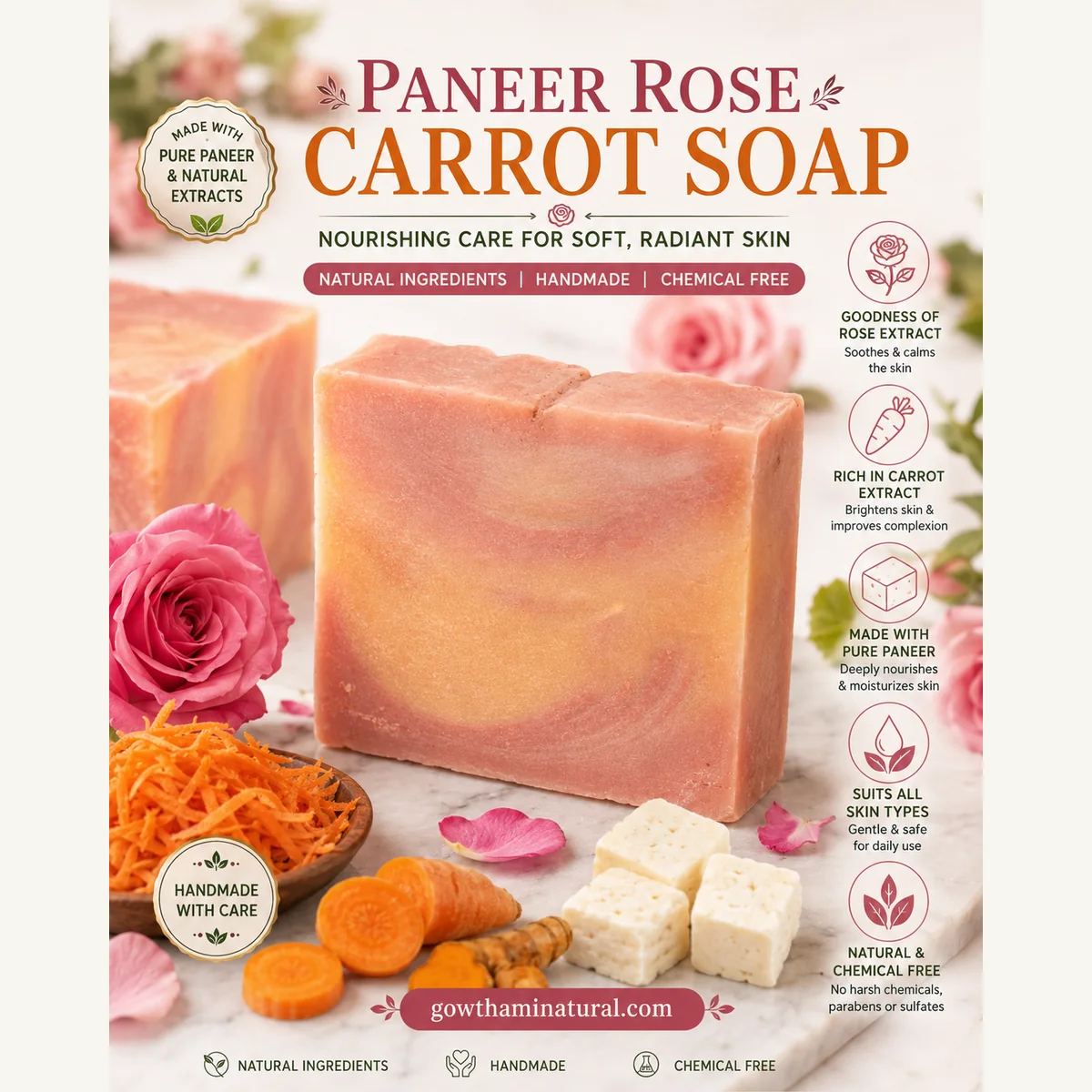 Panner Rose Carrot Soap by Gowthami Natural